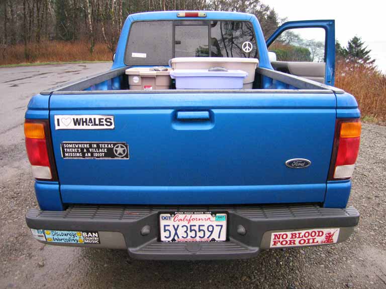 We sometimes backed in at hotels to hide the bumper stickers Truck bumperstickers